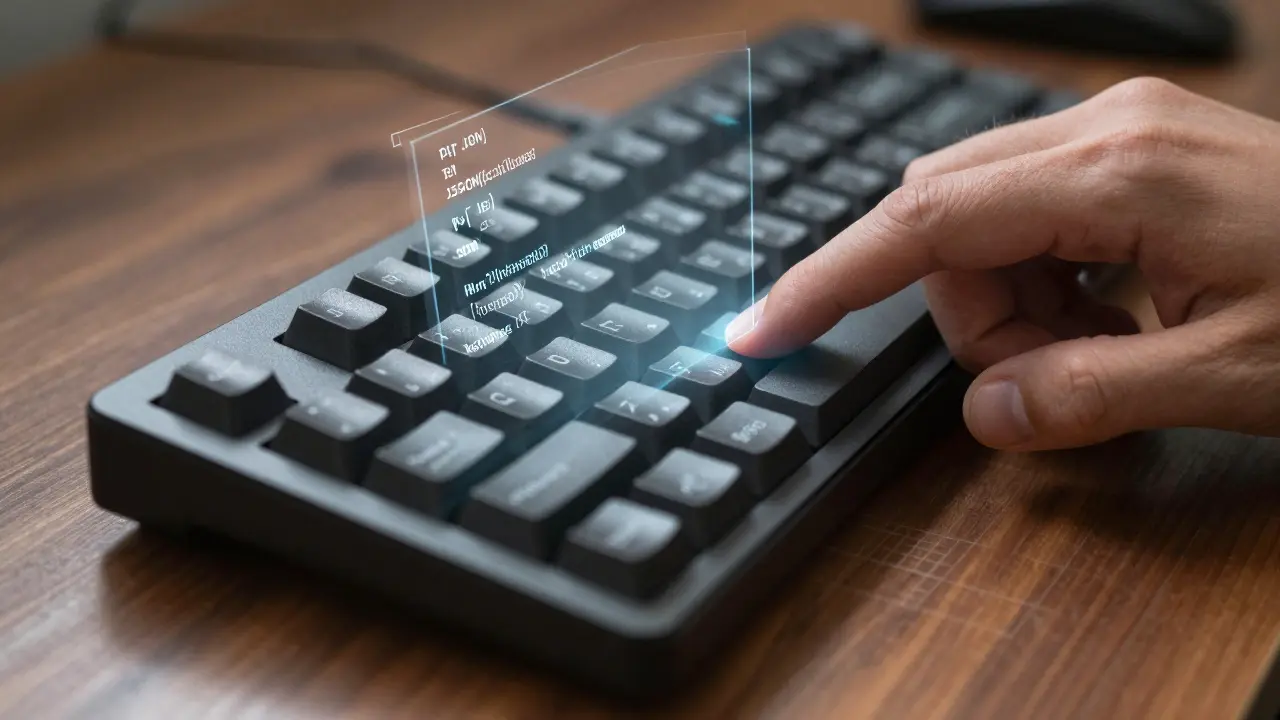 A hand hovering over a keyboard with a floating JSON schema overlay, symbolizing structured AI output generation.