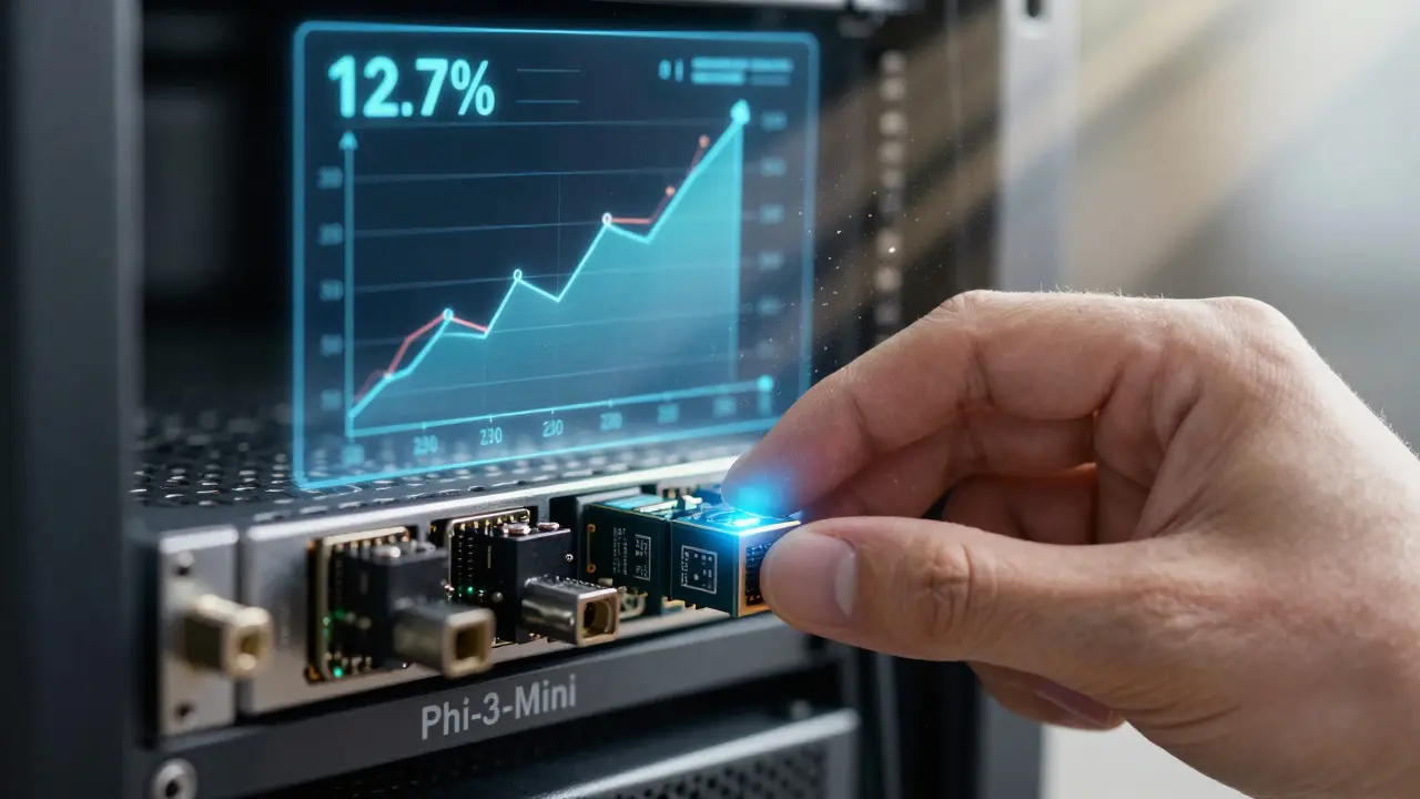 A hand inserting a glowing adapter into a server rack with holographic performance graphs in the background.
