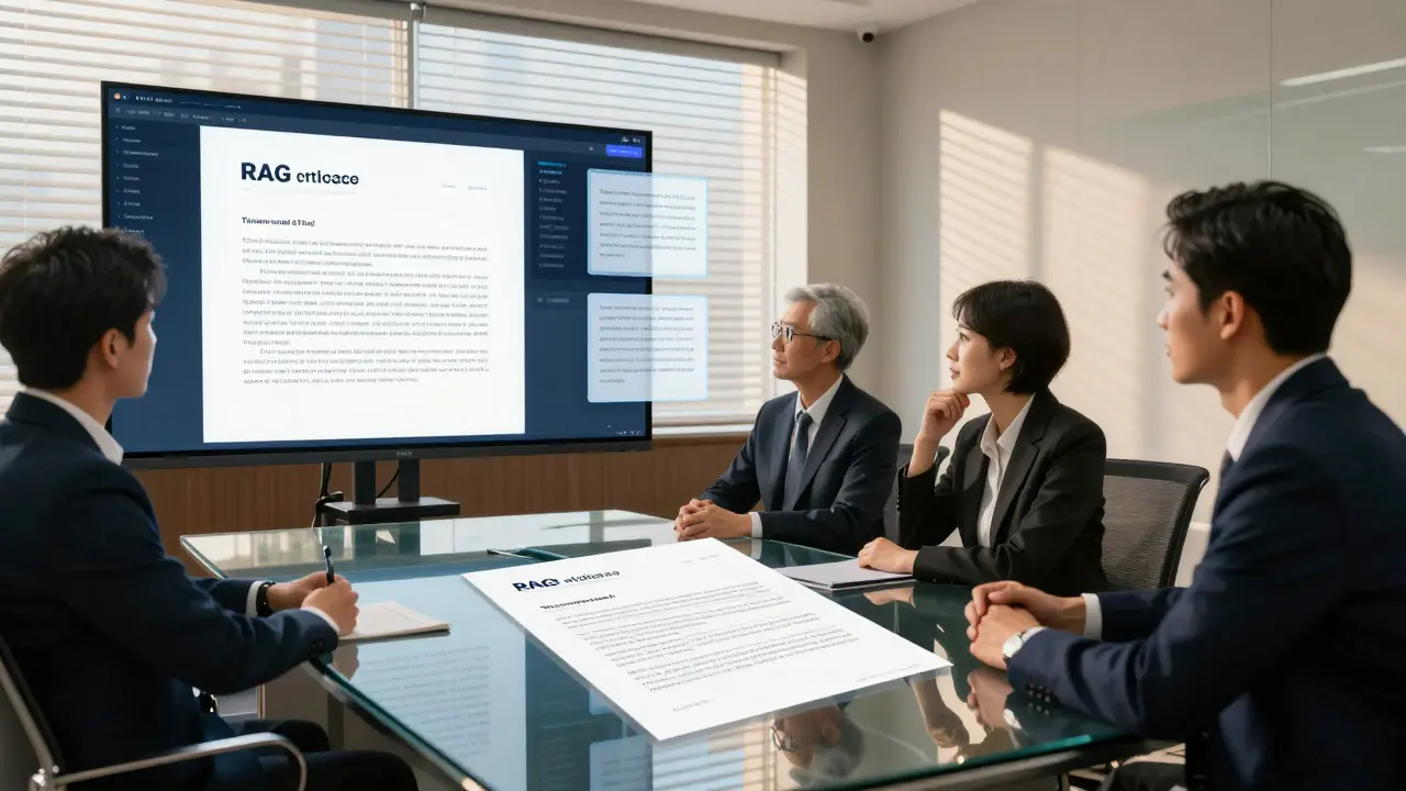 A law firm team observing a hybrid AI system generating a branded legal brief while pulling live case law from digital panels.