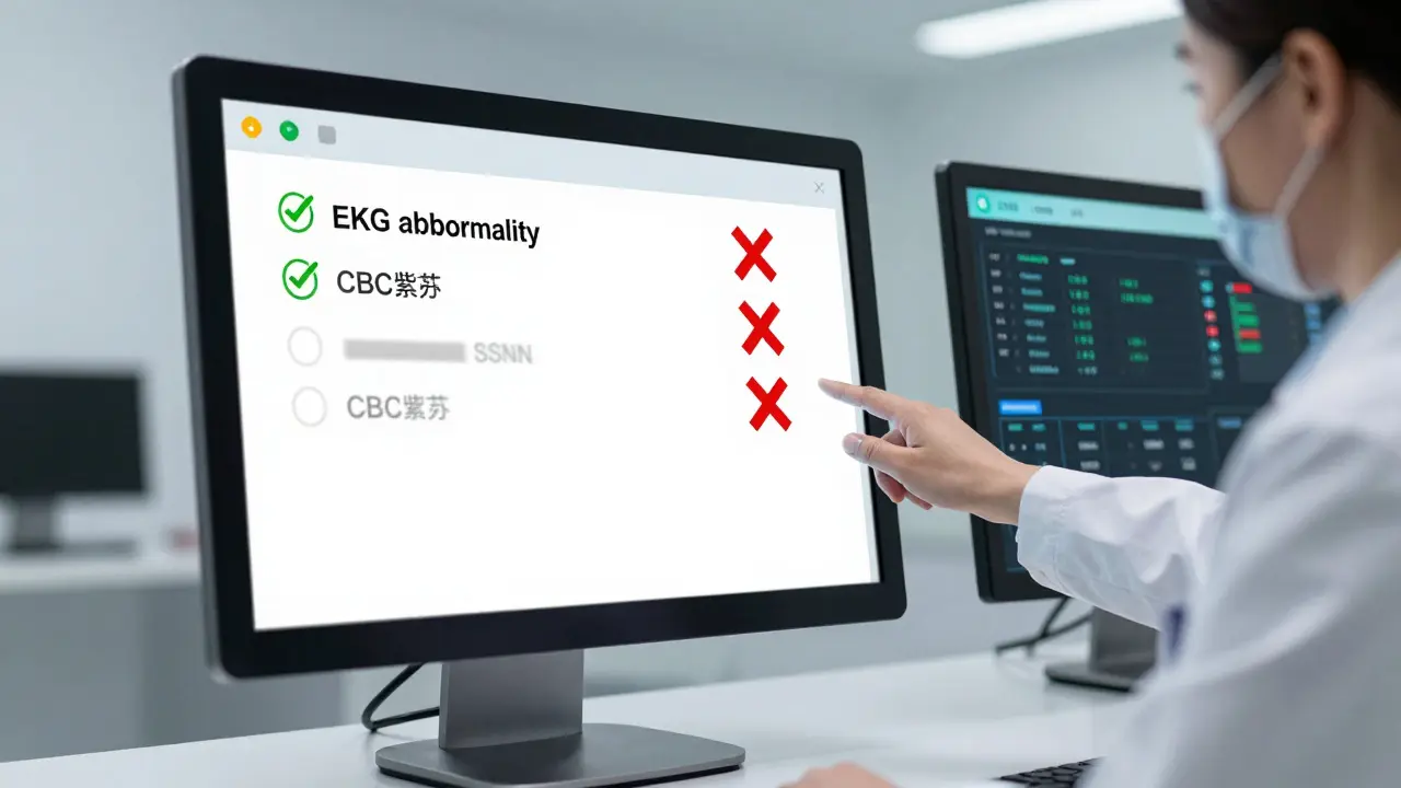 A medical AI terminal displaying sanitized patient data with blocked personally identifiable information overlaid with red Xs.