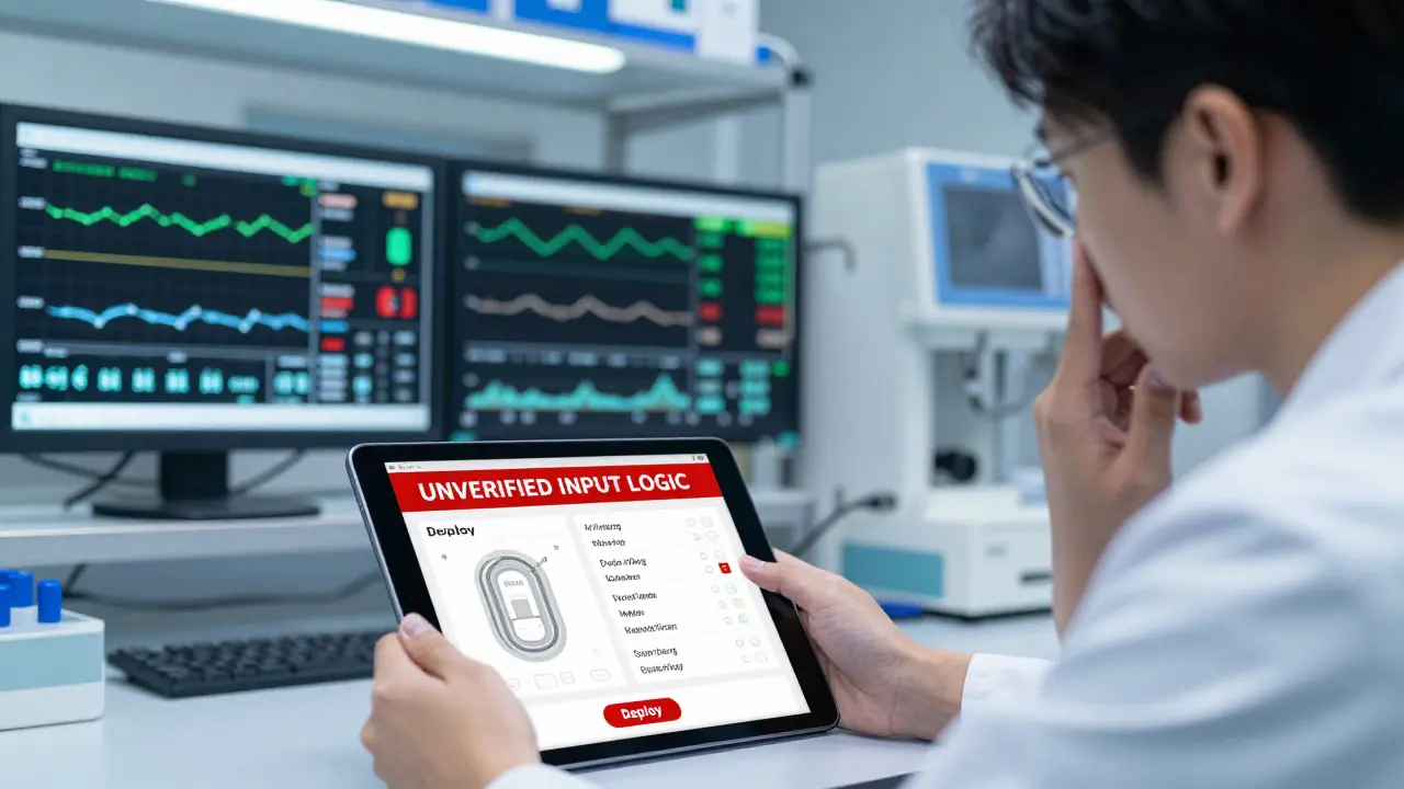 A medical technician pausing before deploying an AI-generated insulin app with a security warning.