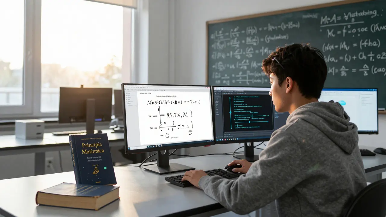 A researcher in a lab studying complex math proofs generated by an AI model at dawn.