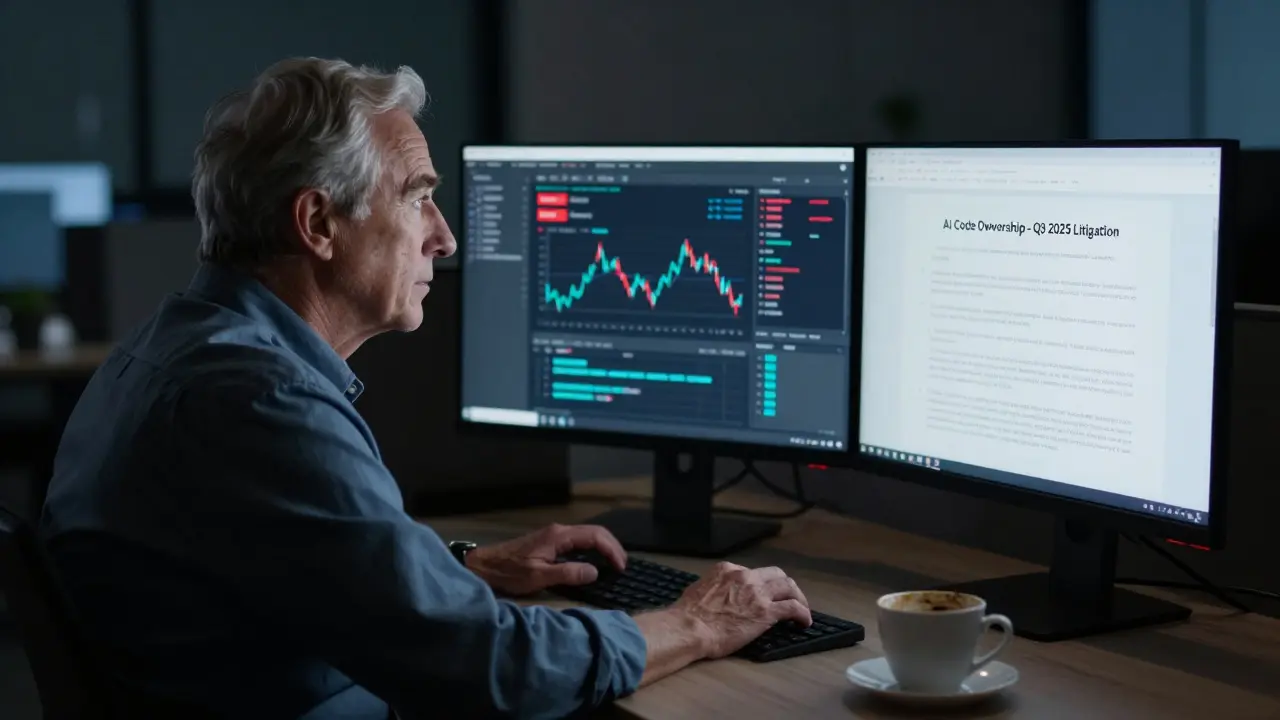 A senior engineer reviewing flagged AI-generated financial code in a dim office at night.