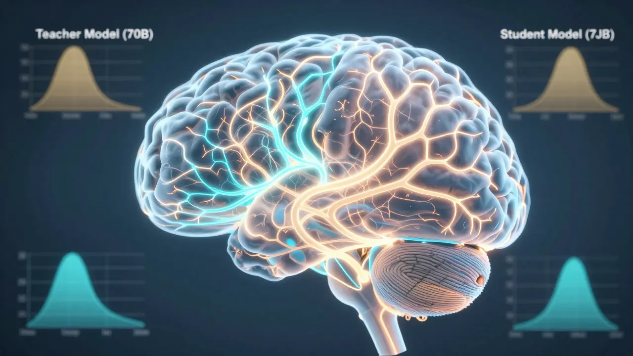 A translucent brain with two contrasting neural networks glowing in gold and cyan, symbolizing teacher and student AI models.