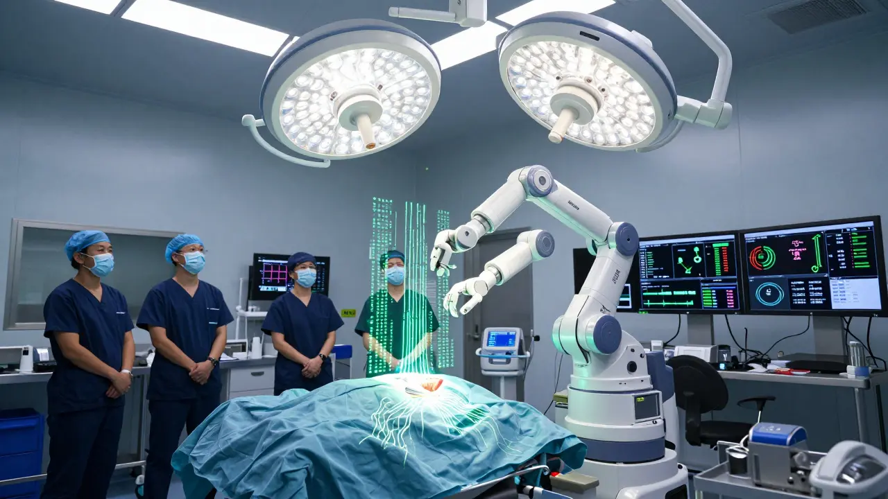 An autonomous surgical robot operates under AI-generated control logic, monitored by a team of experts in a sterile operating theater.