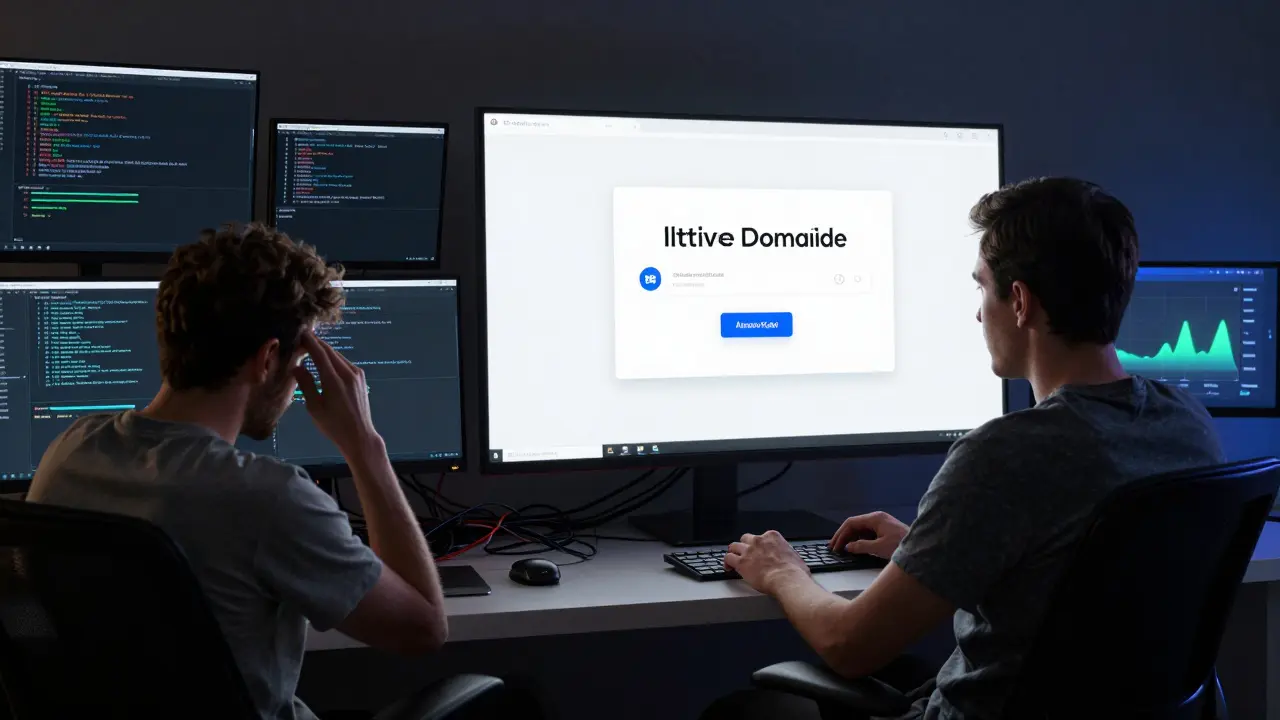 Contrasting scenes: chaotic terminal errors on one side, clean Replit deployment on the other, same person.