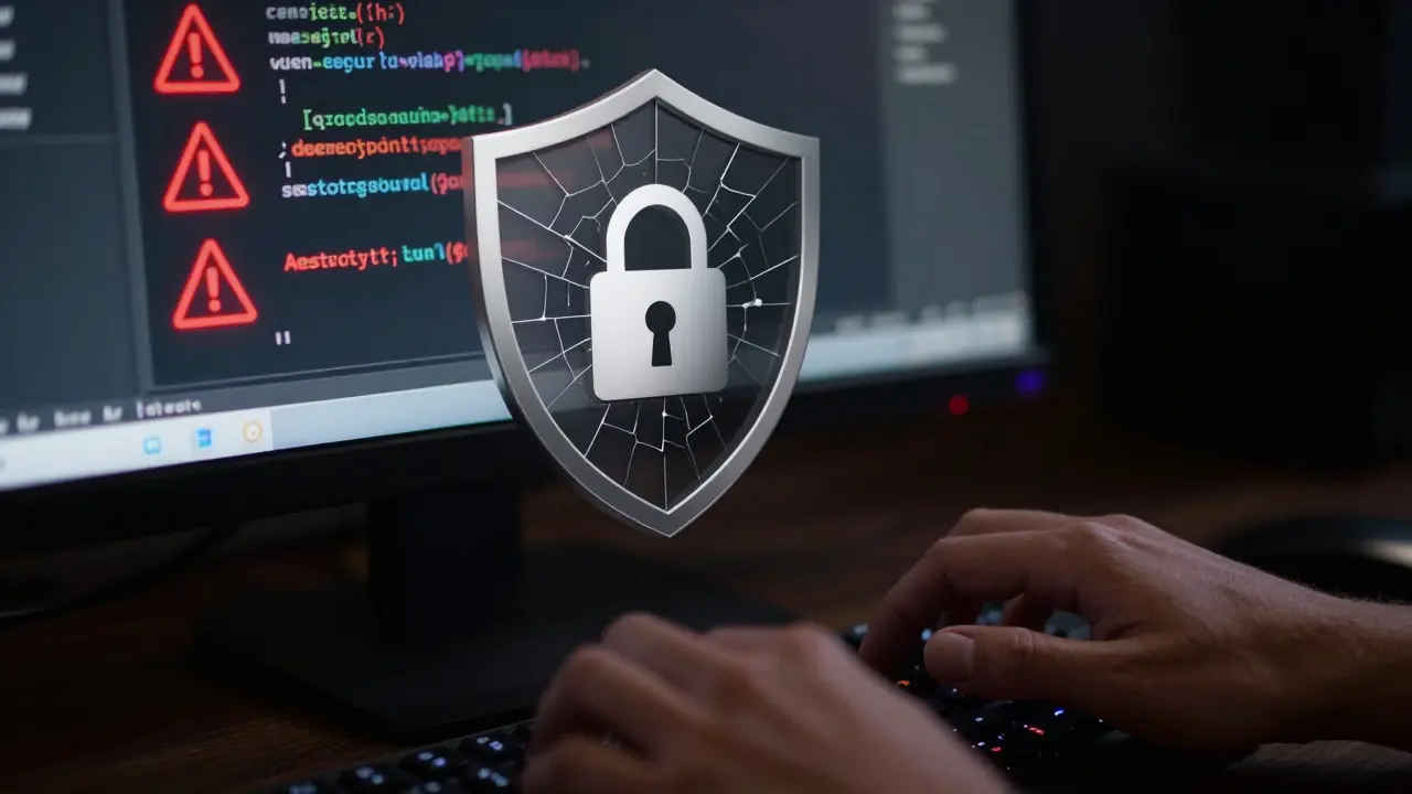 Developer's hand typing with red security warnings on AI-generated code screen.