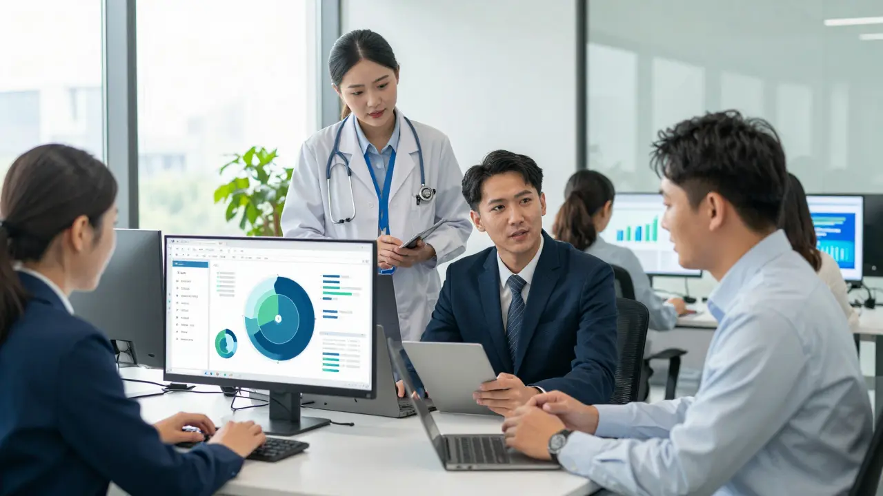 Diverse team using role-specific AI assistants in modern office