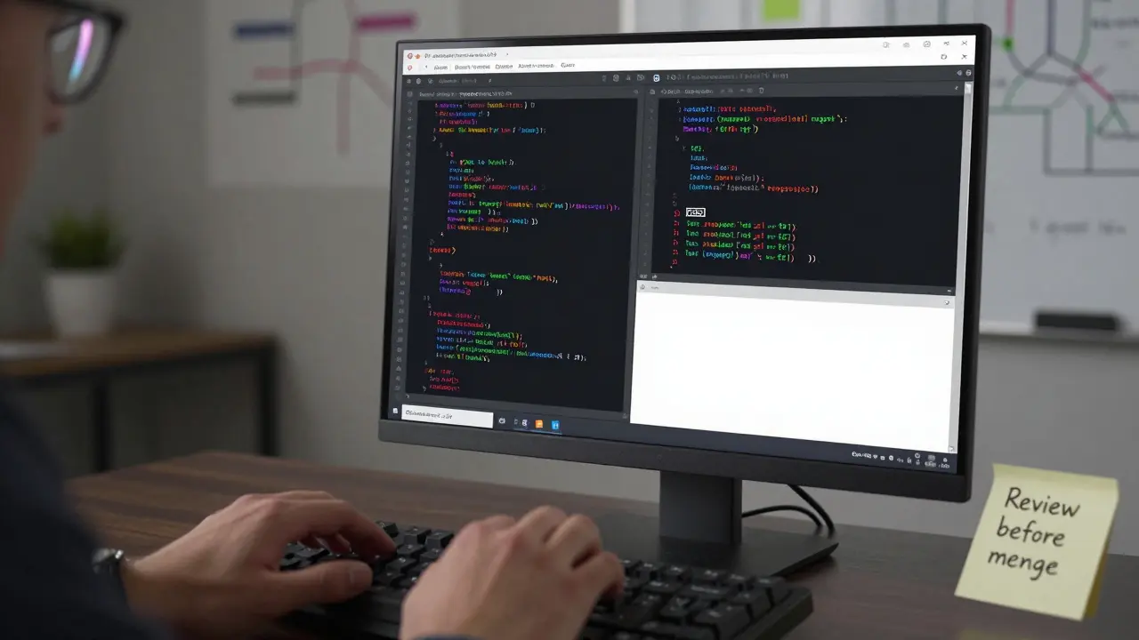 Hands hovering over keyboard reviewing a multi-file code diff with change markers on screen.
