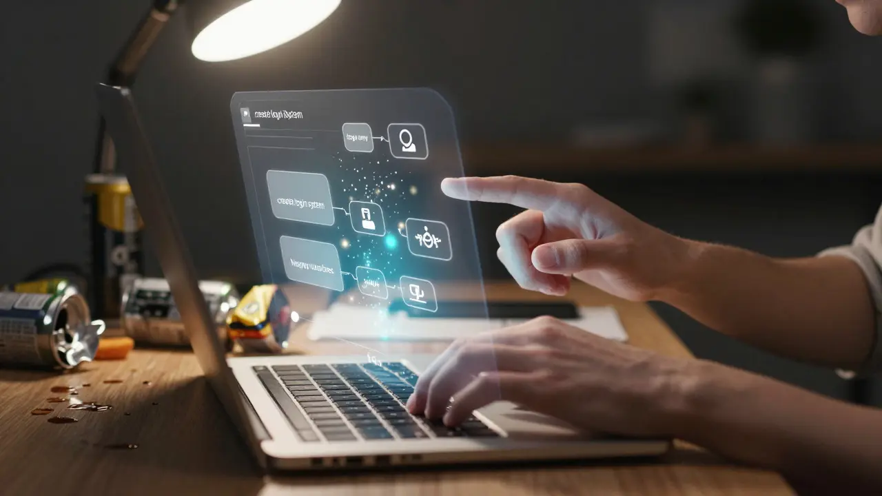 Hands interacting with a holographic chain-of-thought explanation above a laptop, showing algorithmic steps.