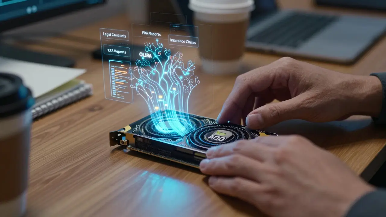 Hands working on a GPU with data streams transforming legal and medical documents into neural weights under soft blue lighting.