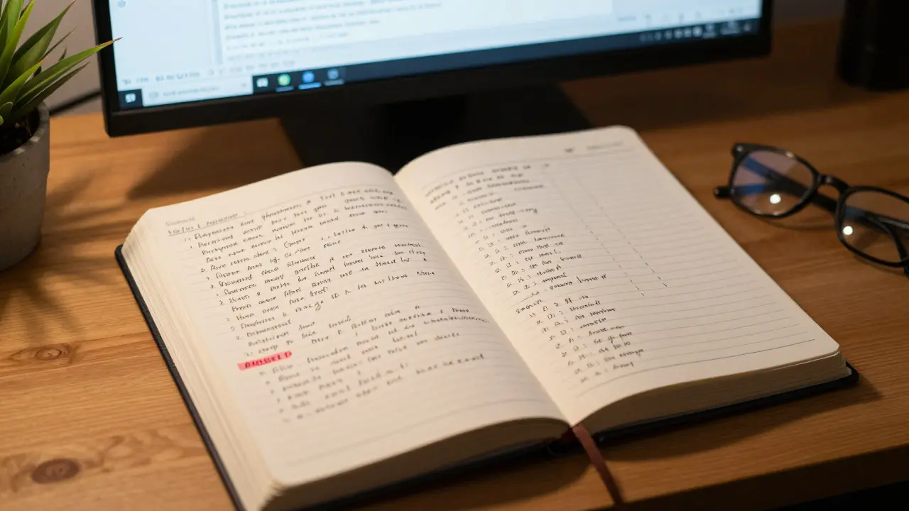 Handwritten retrospective logbook with corrected prompts and tracked metrics.