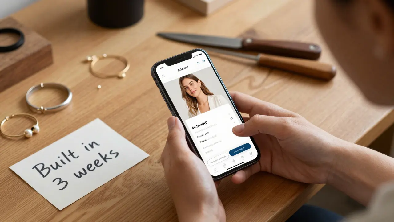 Jewelry maker Sarah viewing her AI-built e-commerce store on her smartphone, surrounded by handmade pieces.