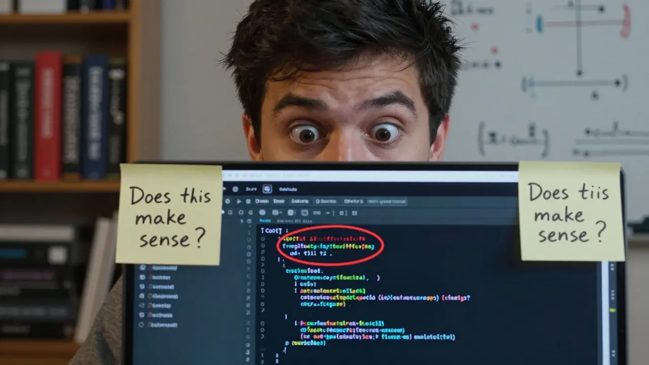 Junior developer’s face lit by screen displaying flawed code reasoning, eyes wide with realization.