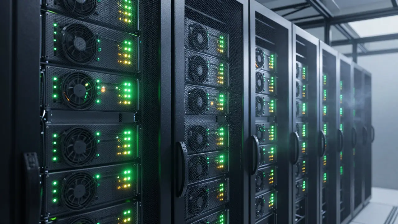 Modern data center server racks glowing with light