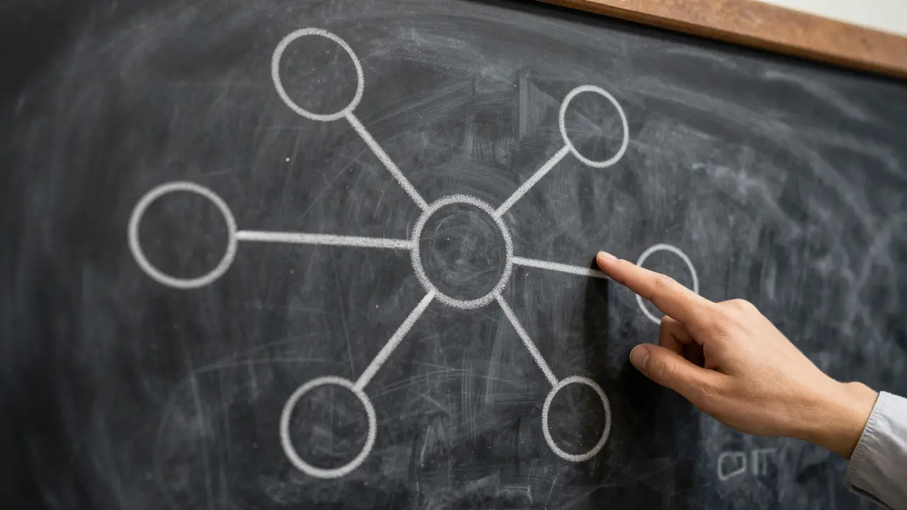 Neural network diagram on chalkboard in 1980s lab