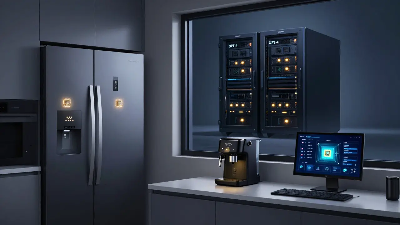 Smart home devices with subtle AI interfaces, powered by tiny chips, while a large server looms outside a window.