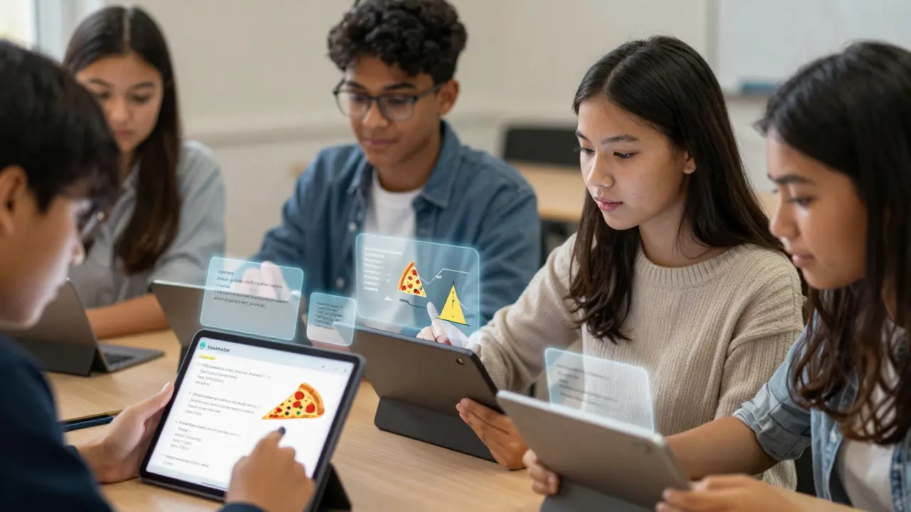 Students using AI tutoring tools with visual analogies to understand math concepts.