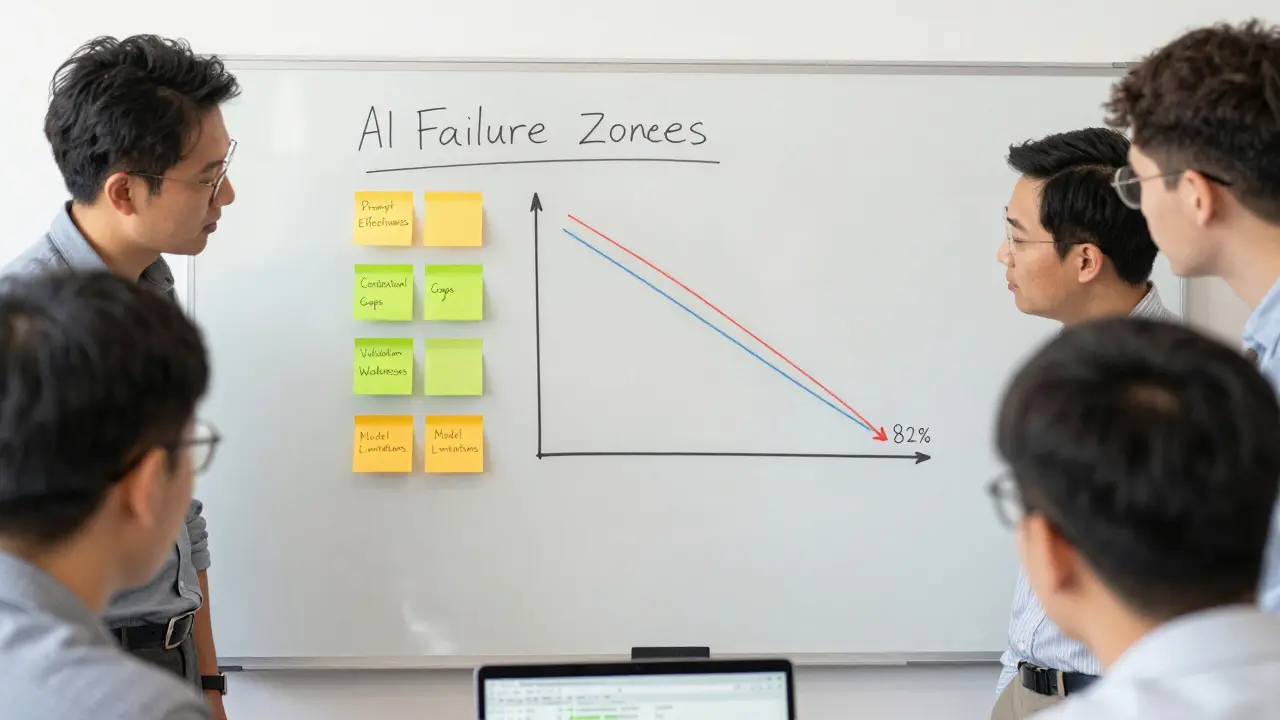 Team analyzing AI failure patterns on a whiteboard with color-coded sticky notes.