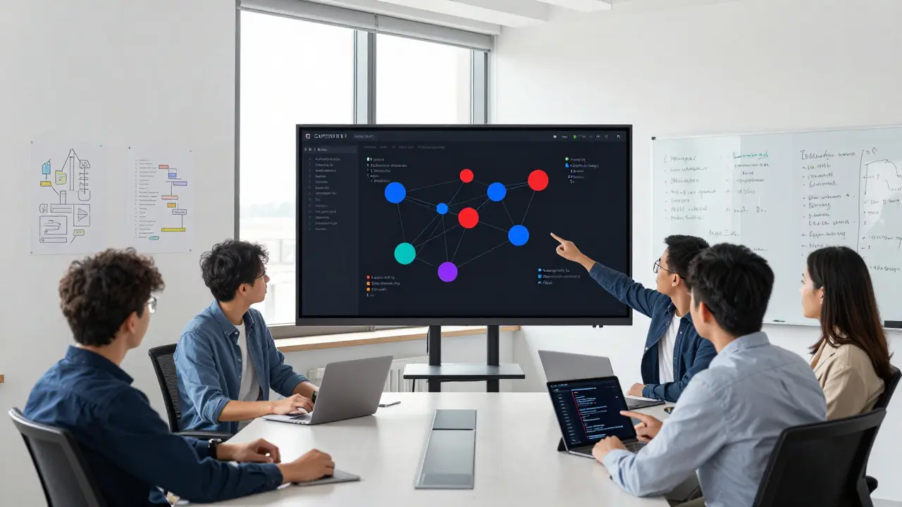Team collaborating around a 3D dependency graph visualization in a modern tech office.