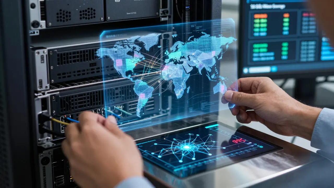 Technician adjusting a server rack with holographic data shuffle map and real-time throughput metrics reflected on polished metal surfaces.
