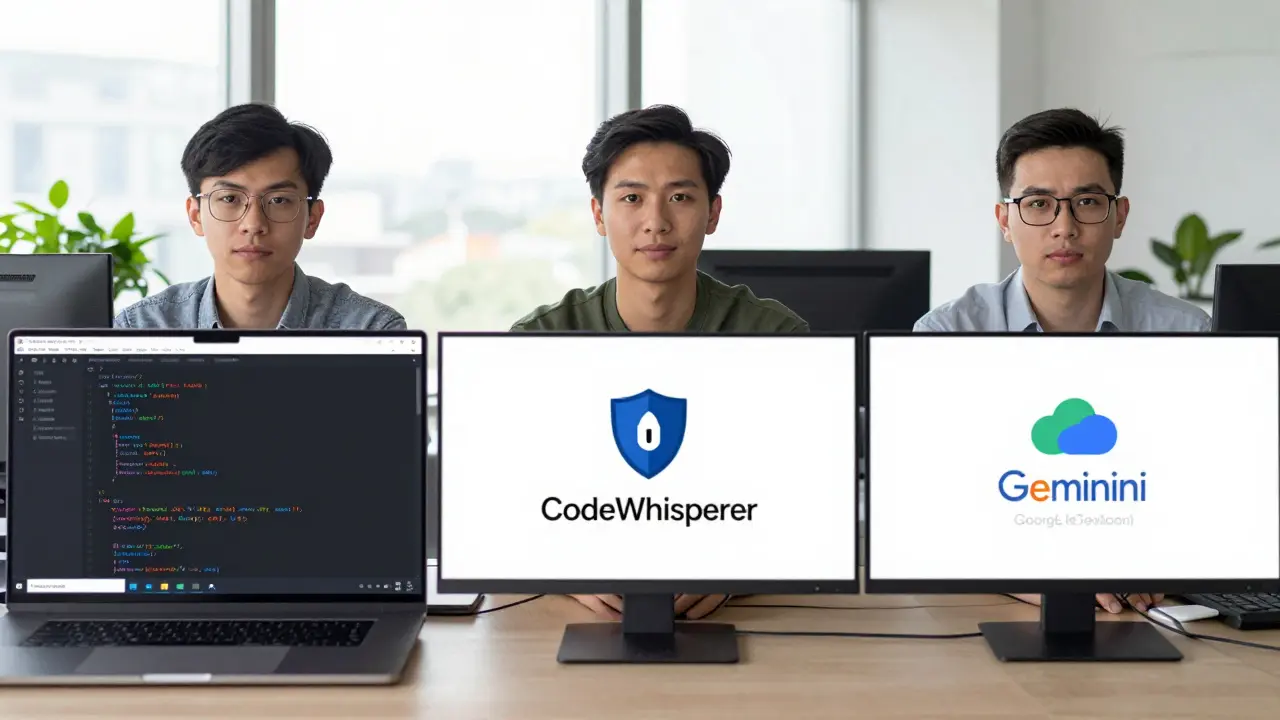 Three developers using different AI coding tools in a modern office.