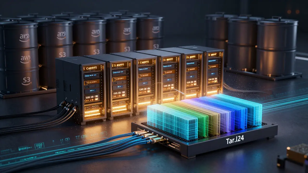 Tiered storage system showing data flowing from S3 to distributed filesystem to GPU node, with glowing server racks and real-time data decoding.