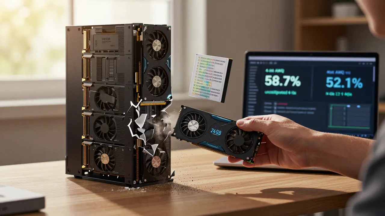 A 24GB GPU placed beside crumbling full-precision GPUs, with a laptop showing improved accuracy and floating calibration samples.