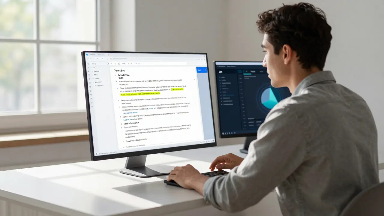 A content strategist reviewing an AI-flagged draft with live data feeds beside them.