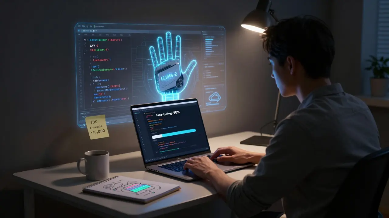 A developer at a desk with a laptop showing fine-tuning progress, a massive model fading into a compact device on the desk.