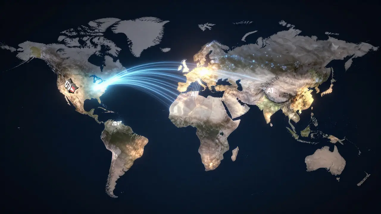 A global map showing data flows from wealthy regions to local AI hubs in the Global South, symbolizing equitable access.
