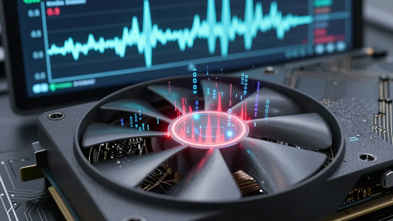 A GPU fan spinning as holographic data distributions show normal weights and red outlier spikes, with a live calibration metric.