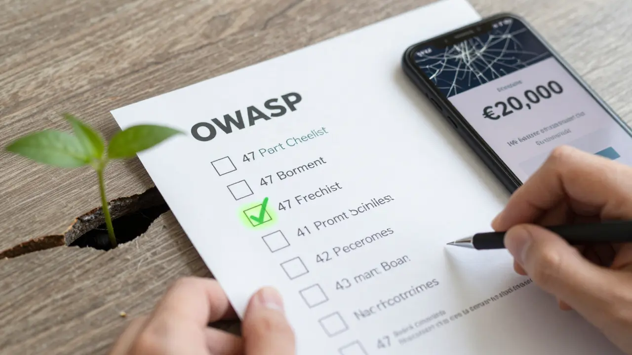 A hand holding a checklist with one box checked, beside a fine notification, symbolizing the path from risk to compliance.