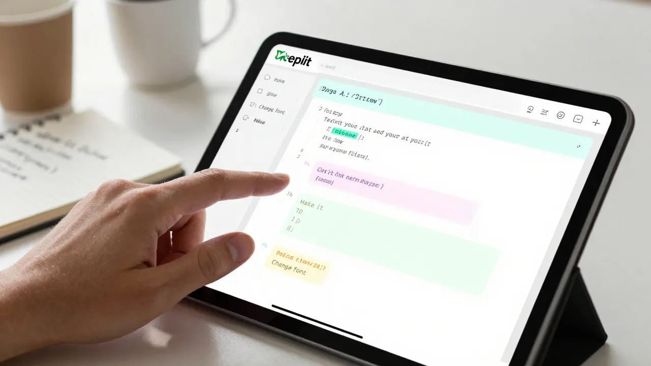 A hand hovering over a tablet showing an AI-generated pastel-colored app with fading quotes and hover effects, surrounded by coffee and handwritten notes.