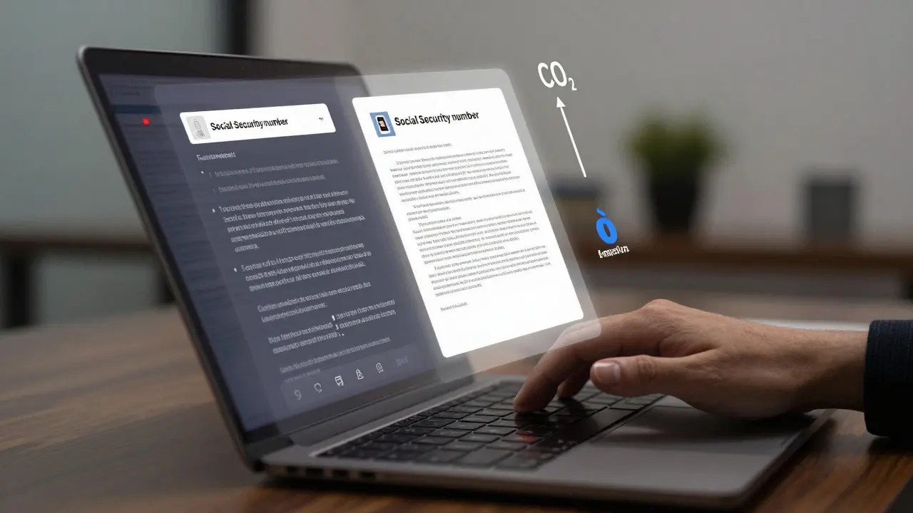 A hand types a prompt as hidden risks like data leaks and emissions appear as overlays on the screen.