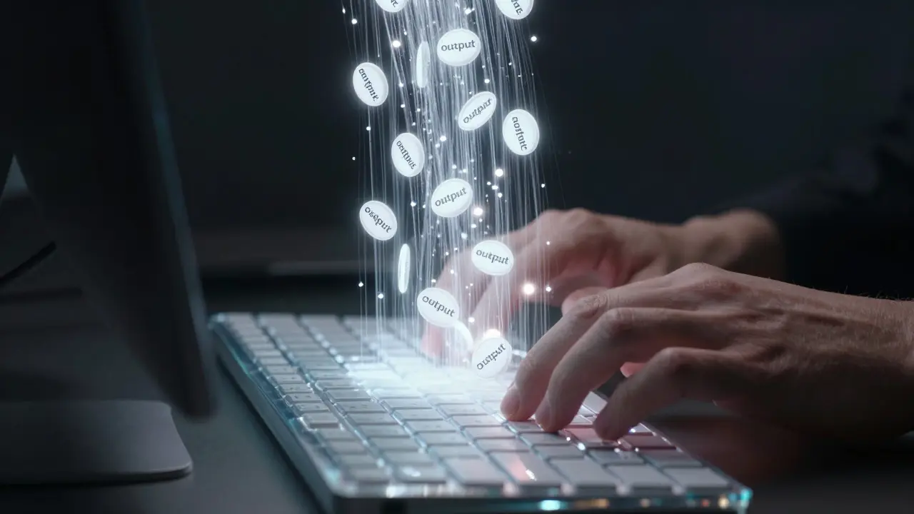 A hand typing a message as a flood of output tokens overwhelms the input stream.