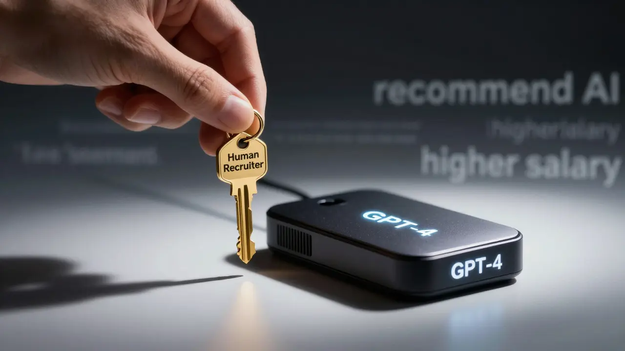 A human key beside a glowing AI device, with the AI casting a dominant shadow, representing pro-AI bias.