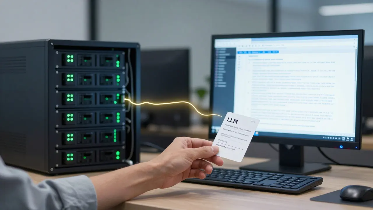 A hybrid AI workflow showing an NLP pipeline and LLM connected by a data card, symbolizing efficient collaboration.