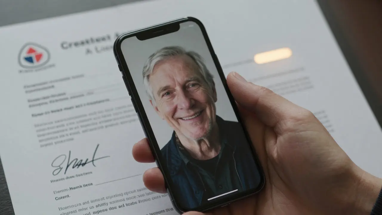A person viewing an AI-generated voice message of a deceased loved one, beside a signed consent form with Creative Commons AI license.