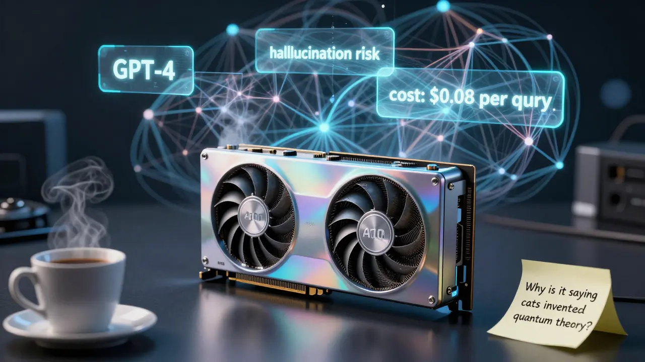 A powerful GPU with flickering holographic text showing LLM costs and hallucination risks in an AI workstation.