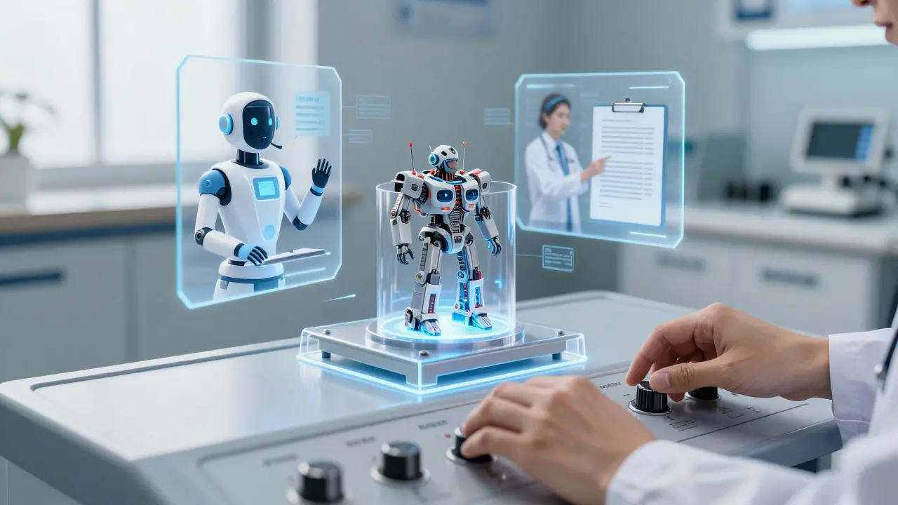 A scientist's hands adjusting a transparent console displaying a glowing transformer model with real-world NLP applications around it.