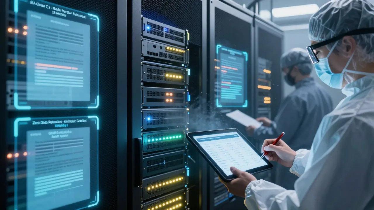 A secure server rack with holographic SLA clauses glowing beside a technician signing a compliance contract.
