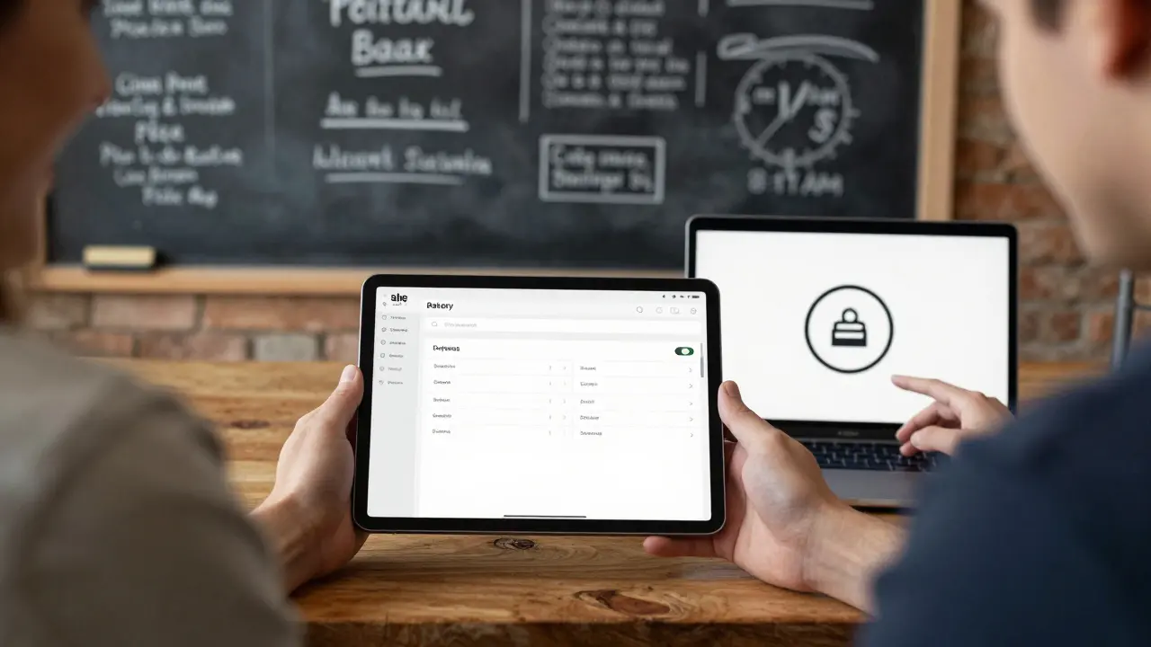 A small agency team reviewing a bakery ordering prototype on a tablet, with a chalkboard full of ideas in the background.
