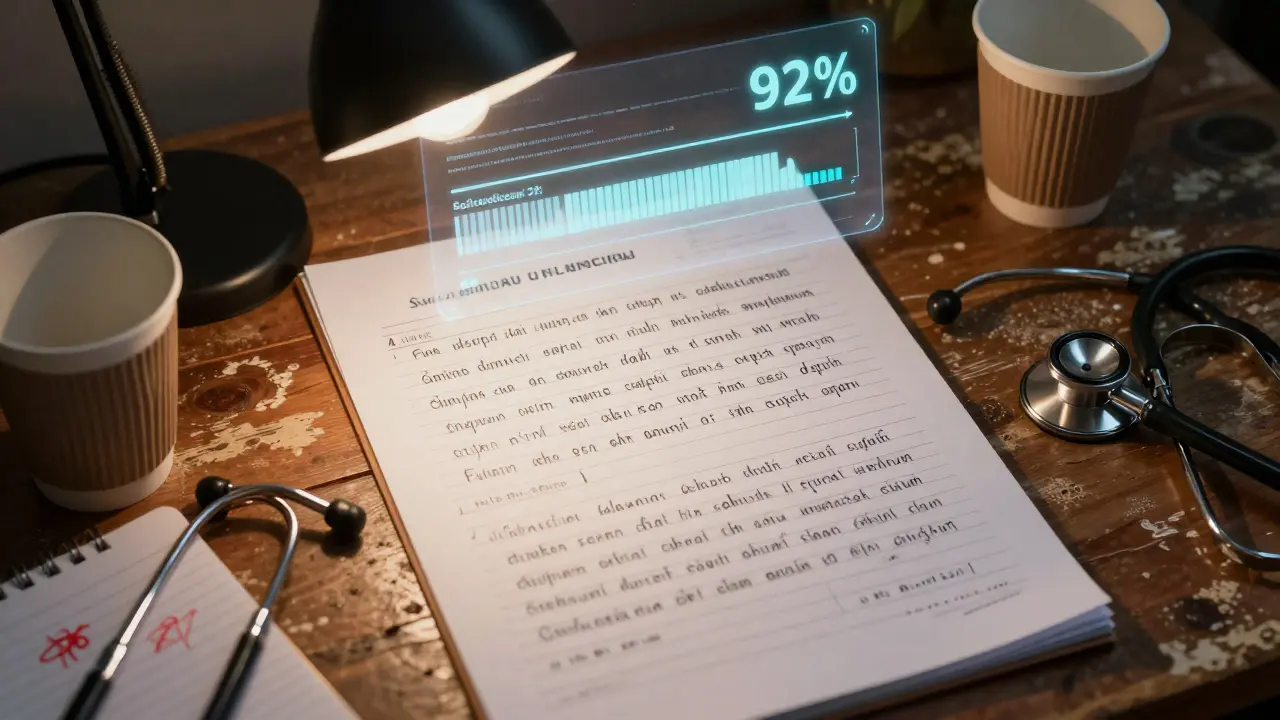 A Swahili medical chart with a flickering digital confidence score above it, surrounded by a stethoscope and correction notes.