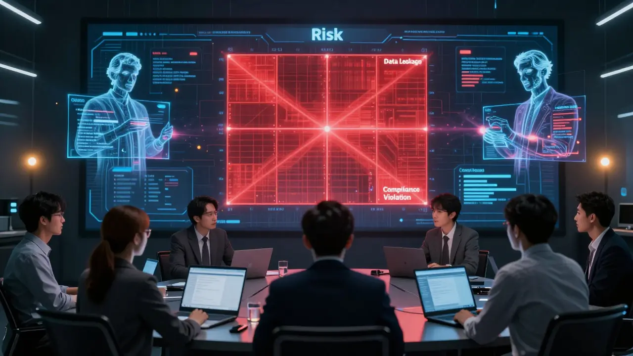 A team reviews a high-risk AI matrix with holographic AI outputs projecting errors and leaks.
