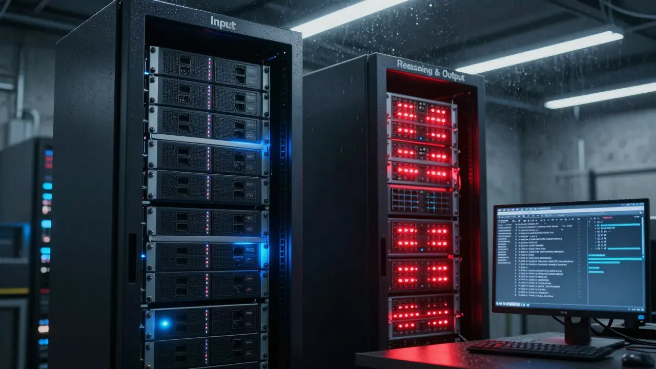 An AI server room with glowing racks showing input versus reasoning and output costs.
