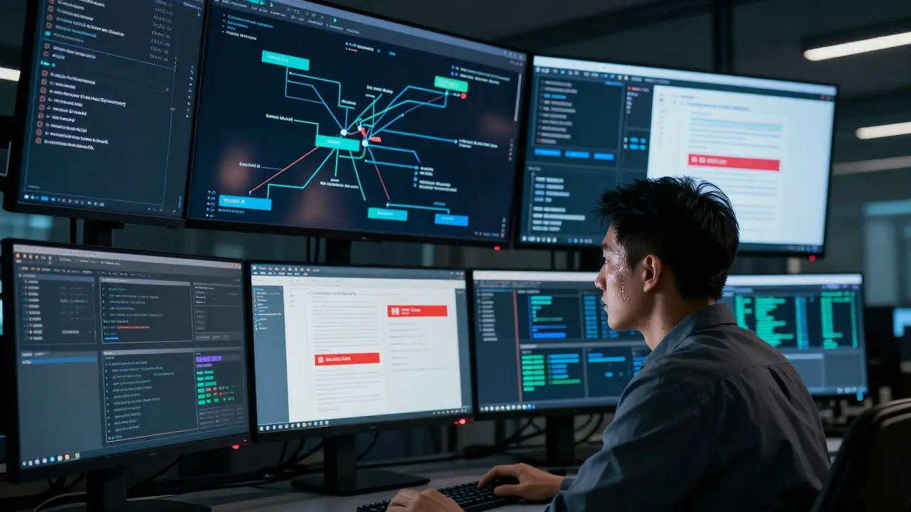 An analyst monitoring data flows from customer emails to a third-party AI system on multiple screens.
