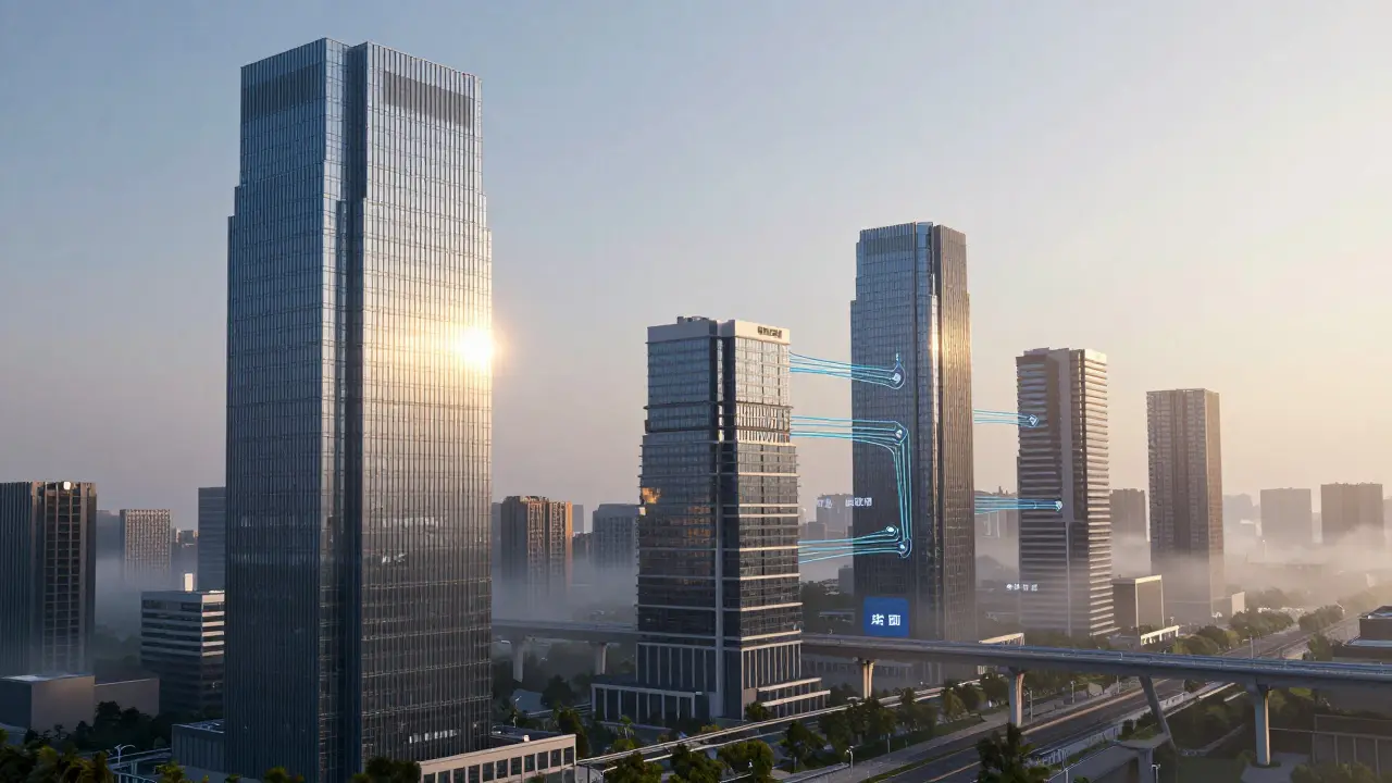 Cityscape visualization of single building versus modular distributed system architecture