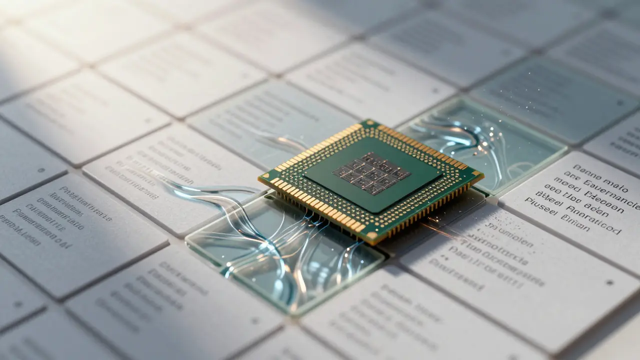 Close-up of fragmented memory transforming into organized PagedAttention blocks, with translucent caches flowing through partitioned memory units.