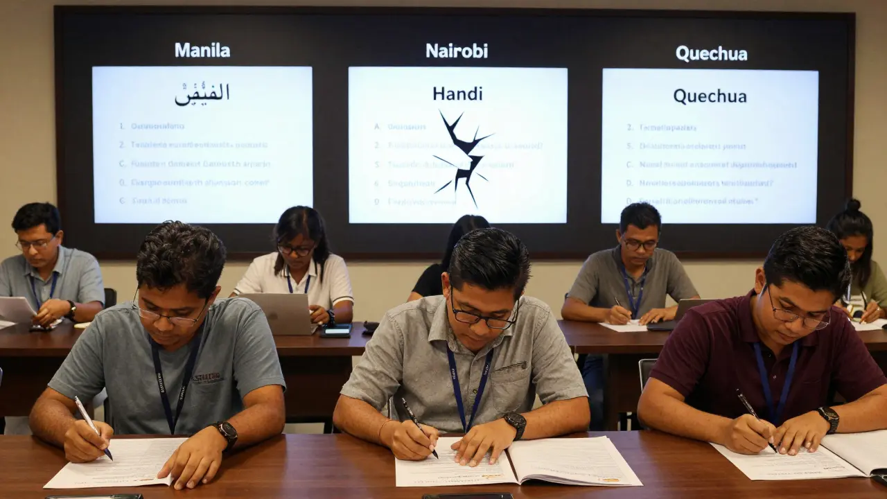 Community annotators in Manila, Nairobi, and Jakarta labeling AI responses under soft light, with fractured confidence scores on a wall behind.